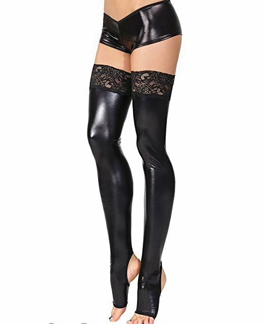 Black Wetlook Stirrup Hold-Ups with Lace Top