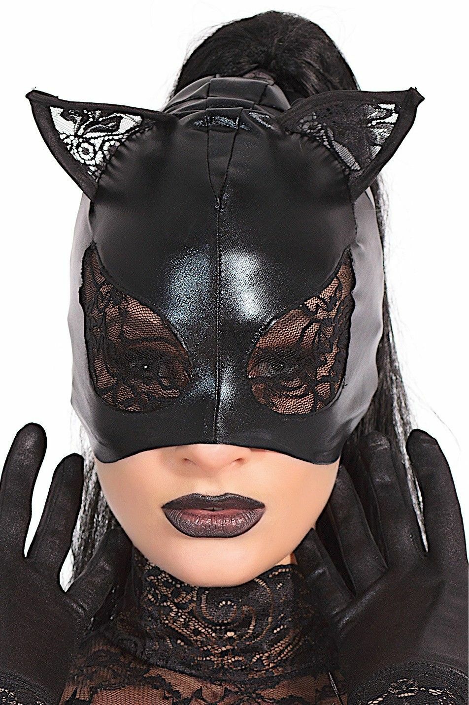 Black Wetlook Cat Mask Lace Eyes and Ears