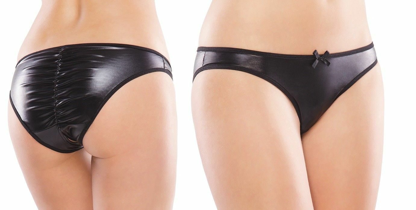 Black Wetlook Crotchless Ruched Back Panty