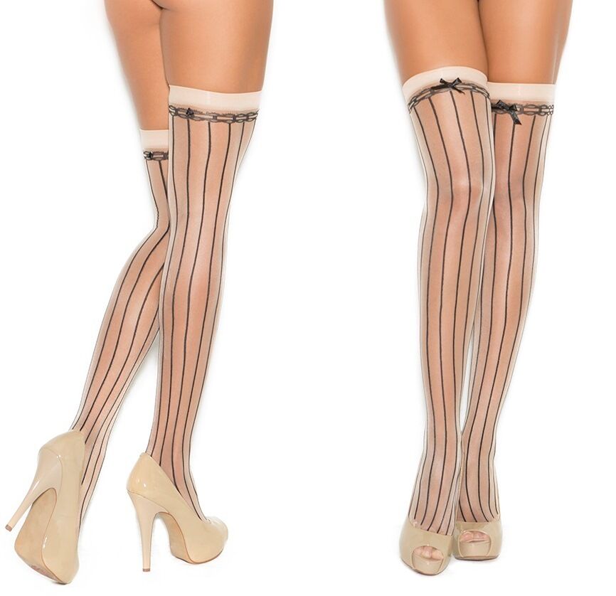 Pin Stripe Thigh High Burlesque Bow Stockings
