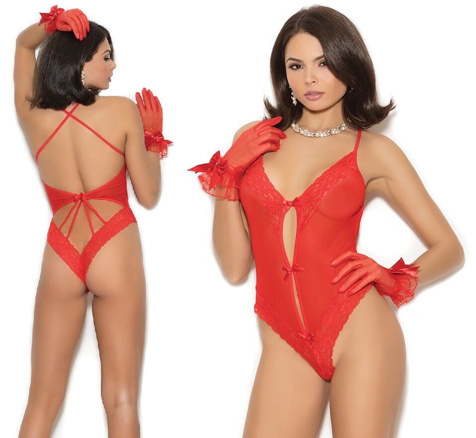 Red Mesh and Lace Thong Teddy Bows and Gloves
