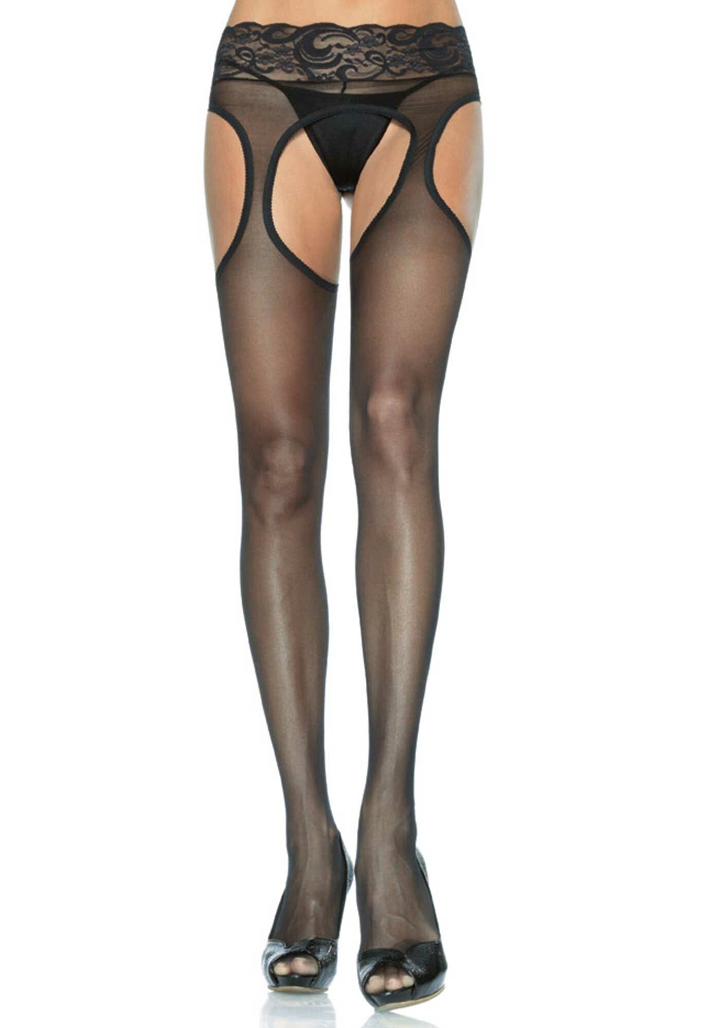 Sheer Black Suspender Tights with Lace Waist