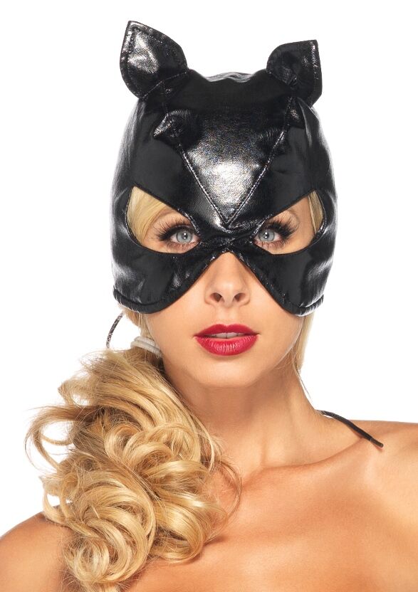 Black Faux Leather Cat Mask Lace Up Back