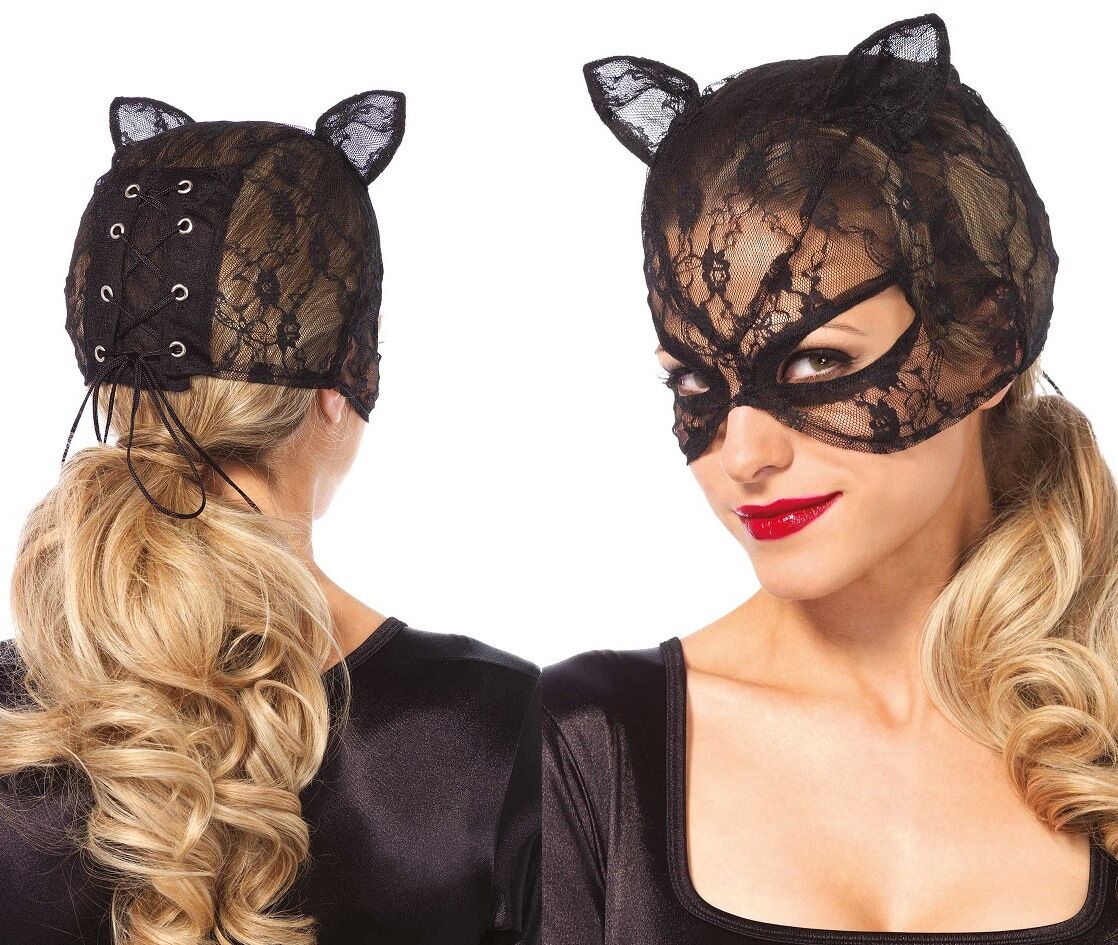 Black Lace Cat Mask with Lace-Up Back