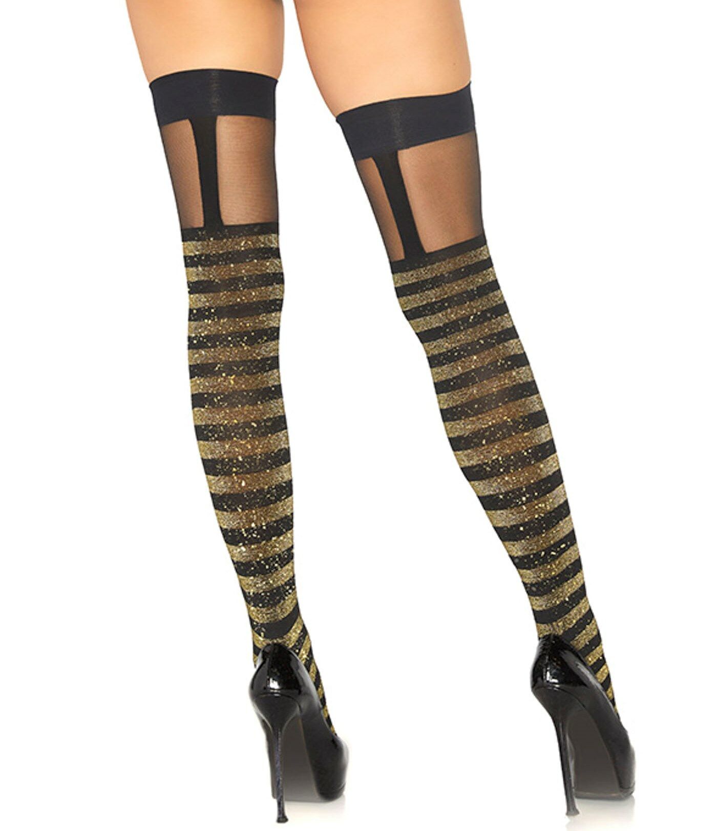 Black/Gold Stripe Lurex Garter-Top Thigh Highs