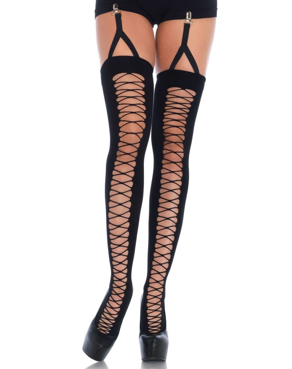 Faux Lace Up Thigh High Stockings Attached Clip Garter