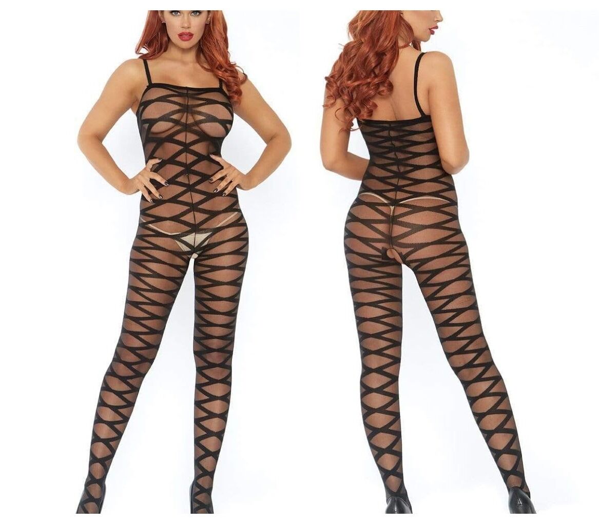 Criss Cross Sheer Strappy Bodystocking Open Crotch