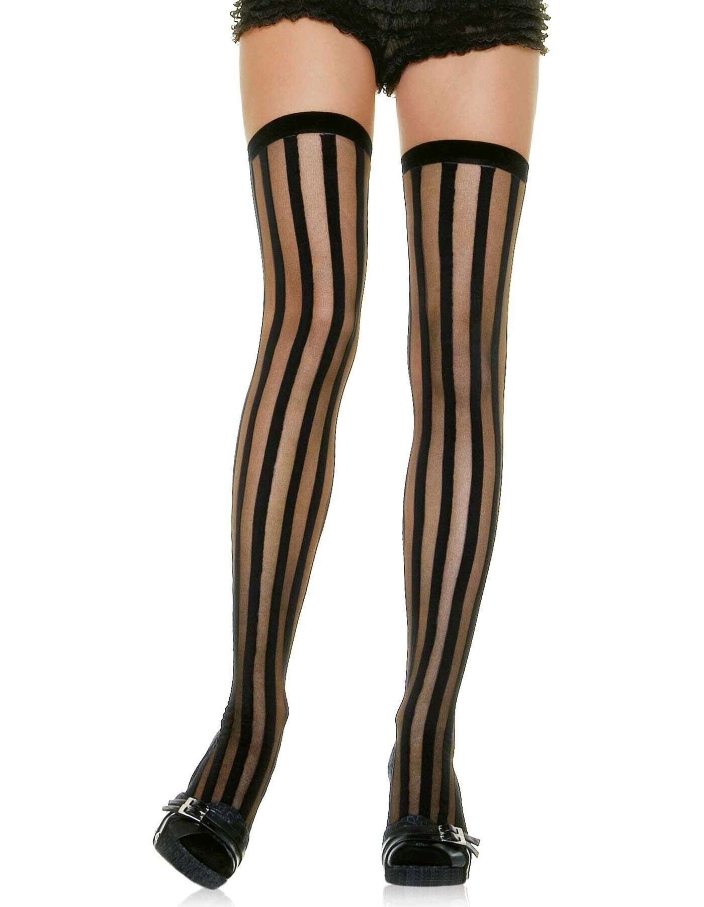 Sheer Thigh Highs with Black Vertical Stripes