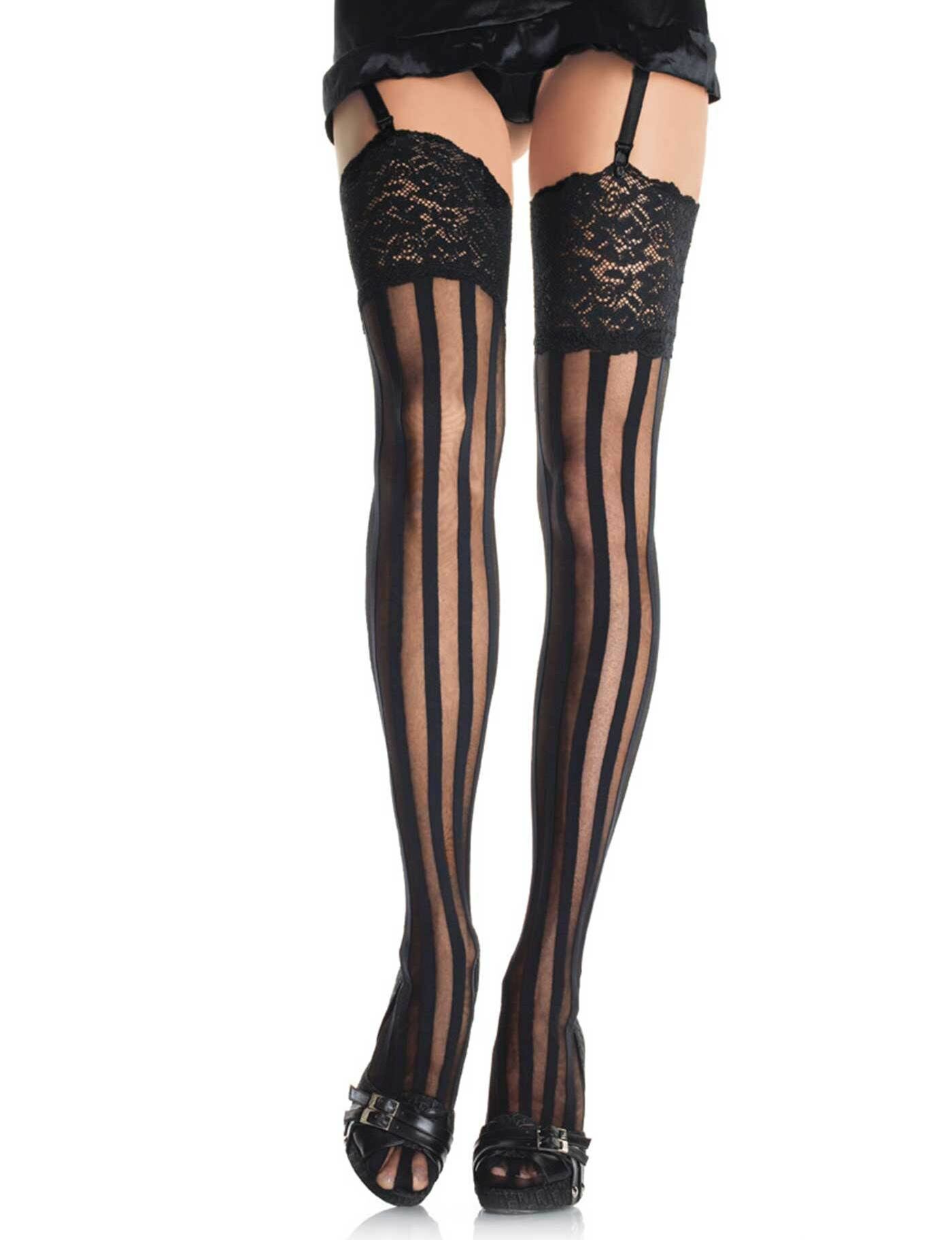 Sheer Lace Top Thigh Highs with Black Vertical Stripes