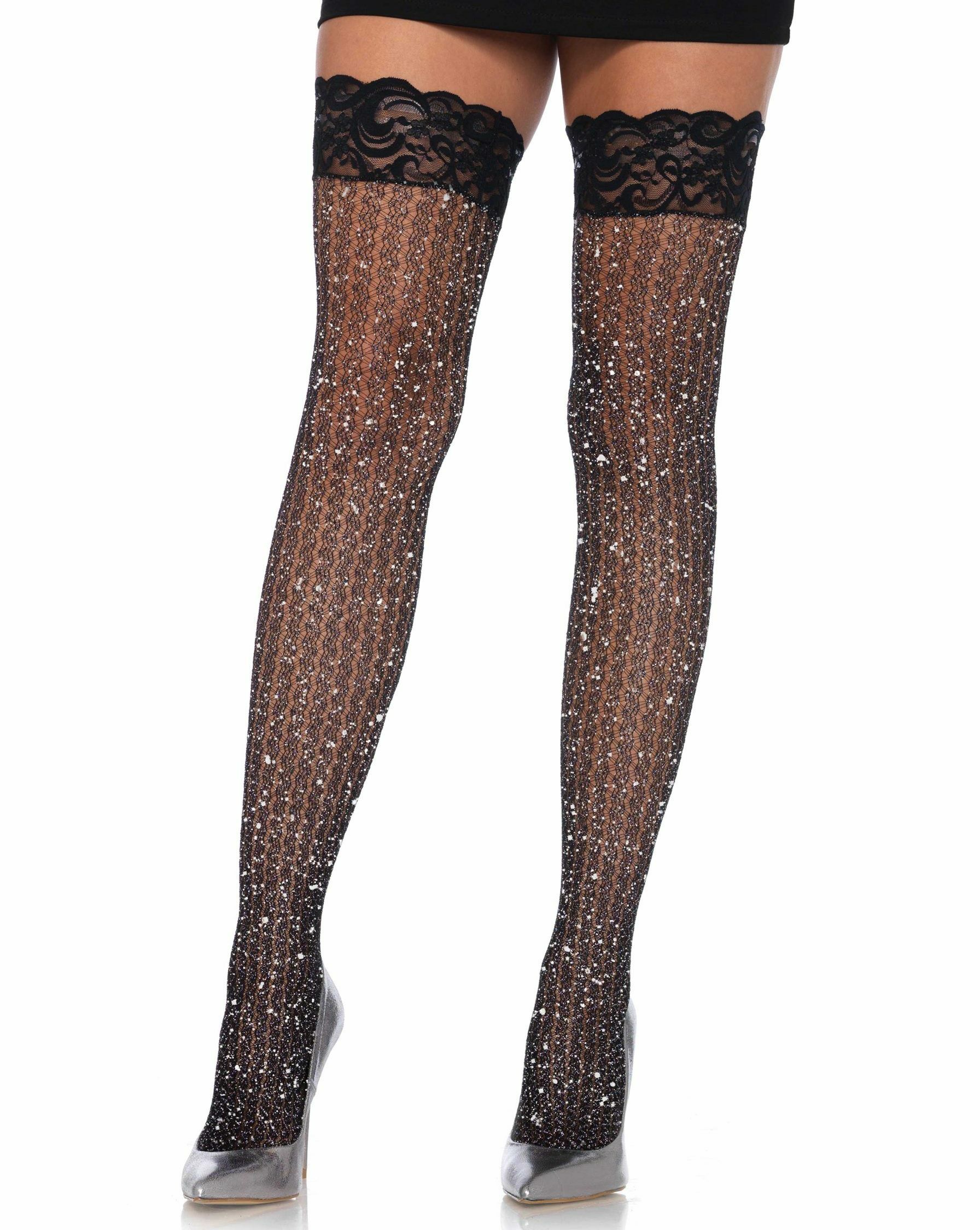 Black/Silver Lurex Cable Net Lace Top Thigh High Hold-Ups