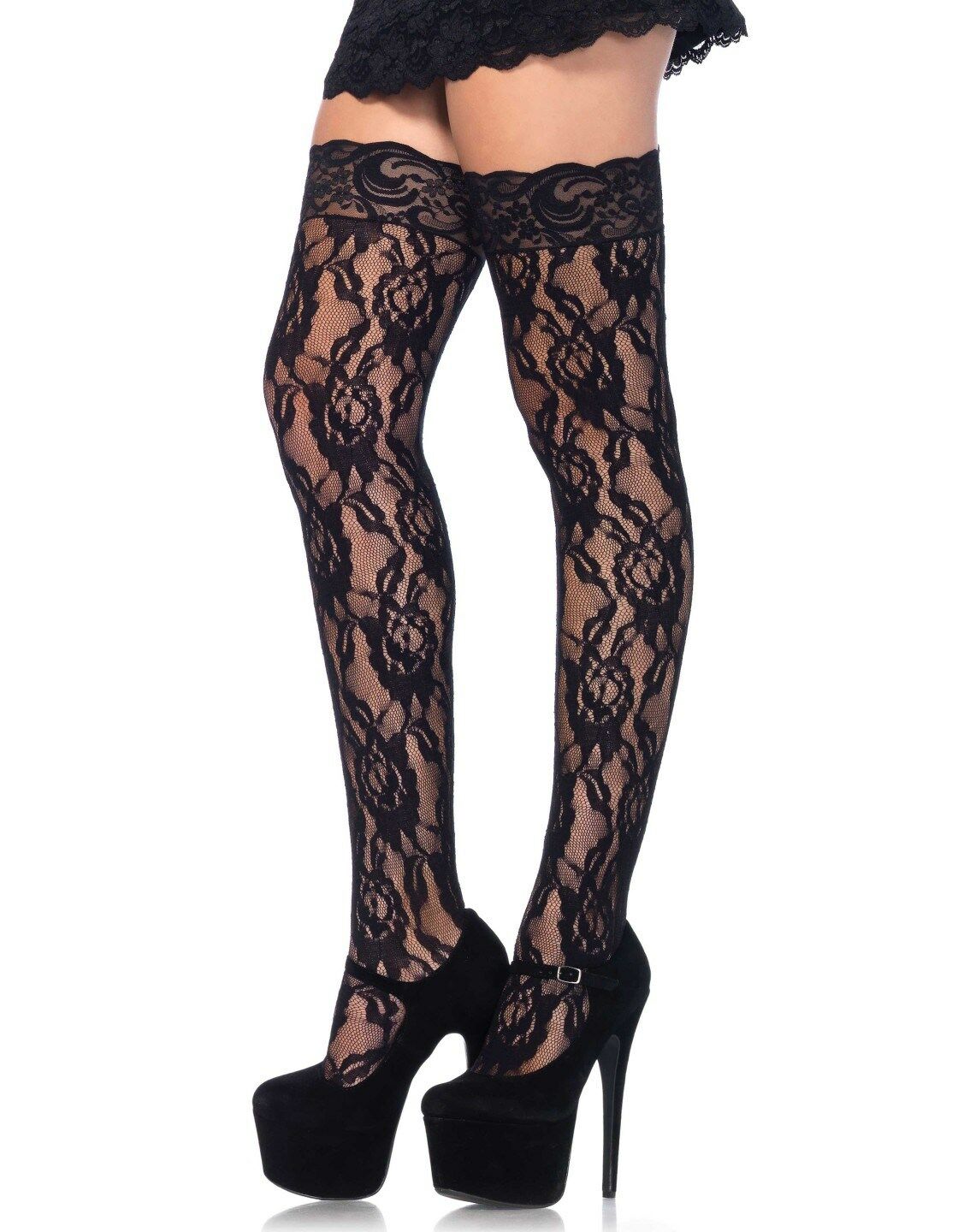 Black Rose Lace Stockings with Lace Top